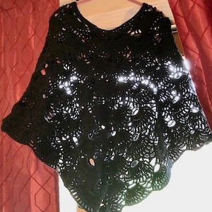Womens Handmade Lace Crochet Poncho- Solid Black