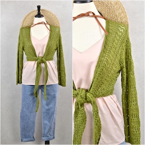Women's Vintage Y2K Avocado Green Acrylic Crochet Cropped Tie Front Cardigan Shrug Sweater by Dressbarn // 1X XXL Plus
